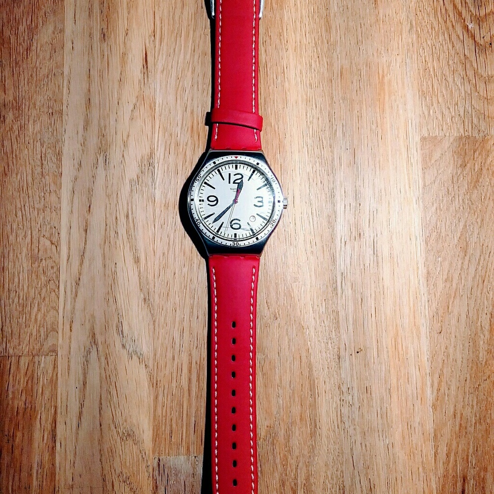 Men's Swatch Irony Red Leather Swiss Quartz Watch